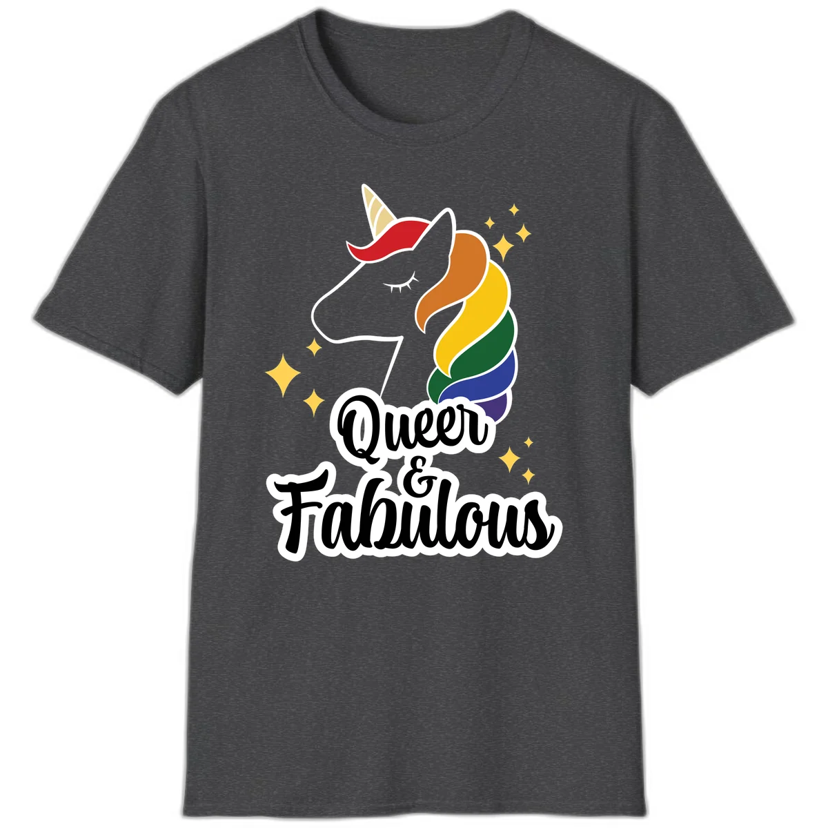 Queen and Fabulous unicorn with rainbow mane and gold horn, surrounded by stars in Dark Heather