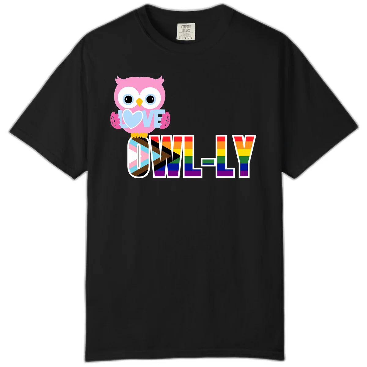 Pink owl holding a blue heart with 'OWELLY' text in rainbow pride flag colors in Black