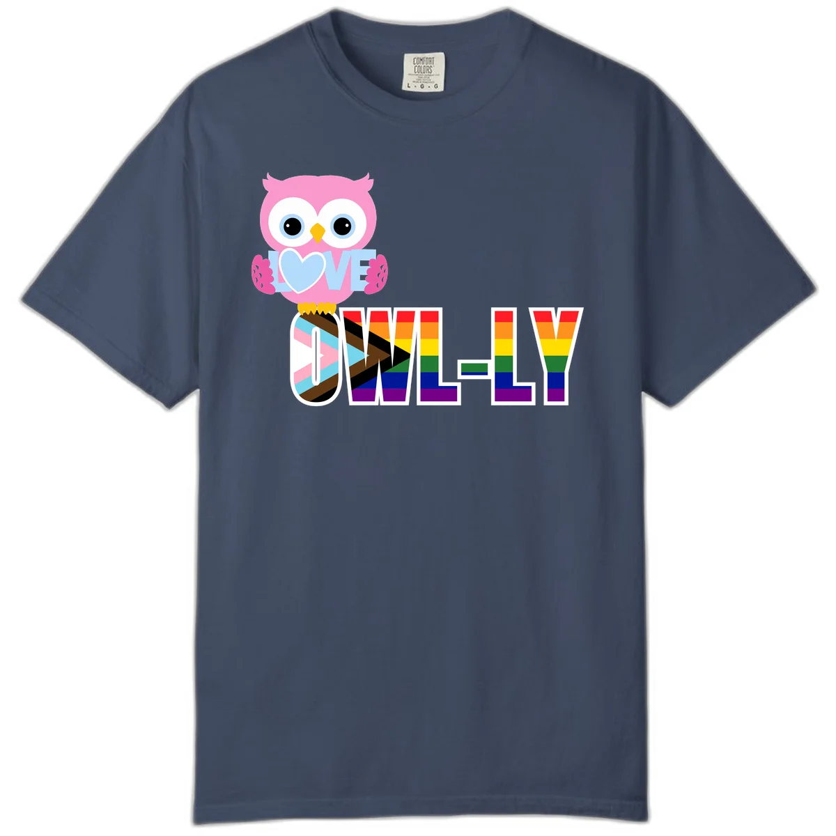 Pink owl holding a blue heart with 'OWELLY' text in rainbow pride flag colors in Midnight