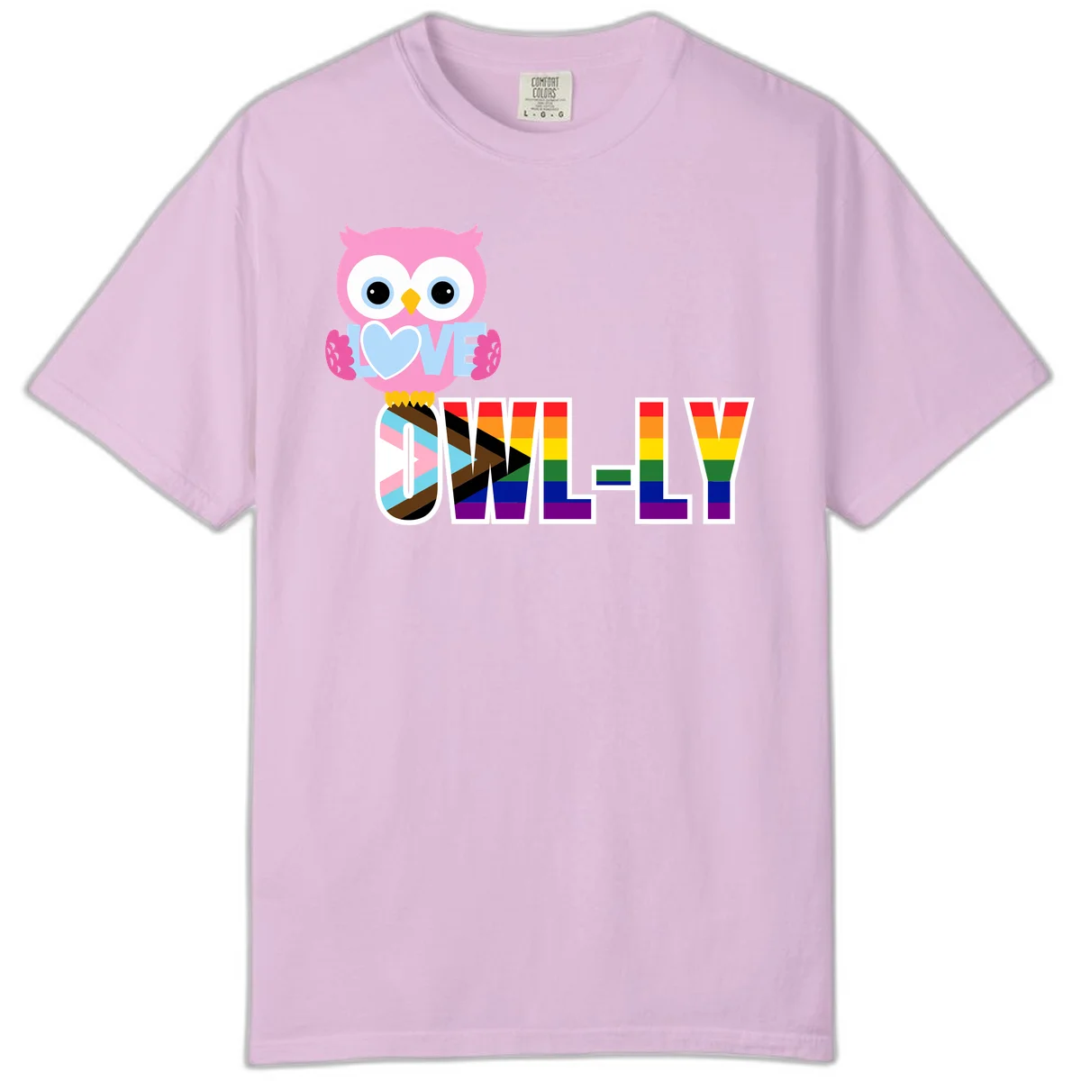 Pink owl holding a blue heart with 'OWELLY' text in rainbow pride flag colors in Orchid