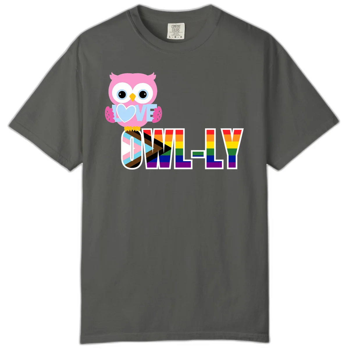 Pink owl holding a blue heart with 'OWELLY' text in rainbow pride flag colors in Pepper