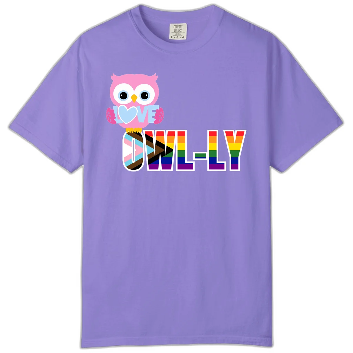 Pink owl holding a blue heart with 'OWELLY' text in rainbow pride flag colors in Violet
