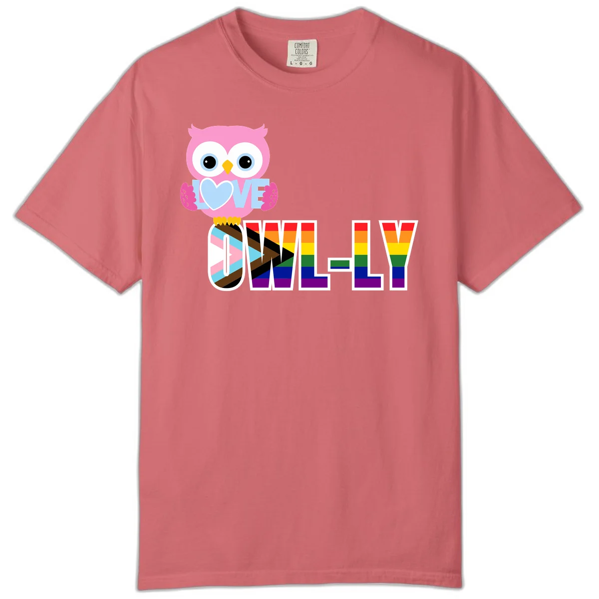 Pink owl holding a blue heart with 'OWELLY' text in rainbow pride flag colors in Watermelon