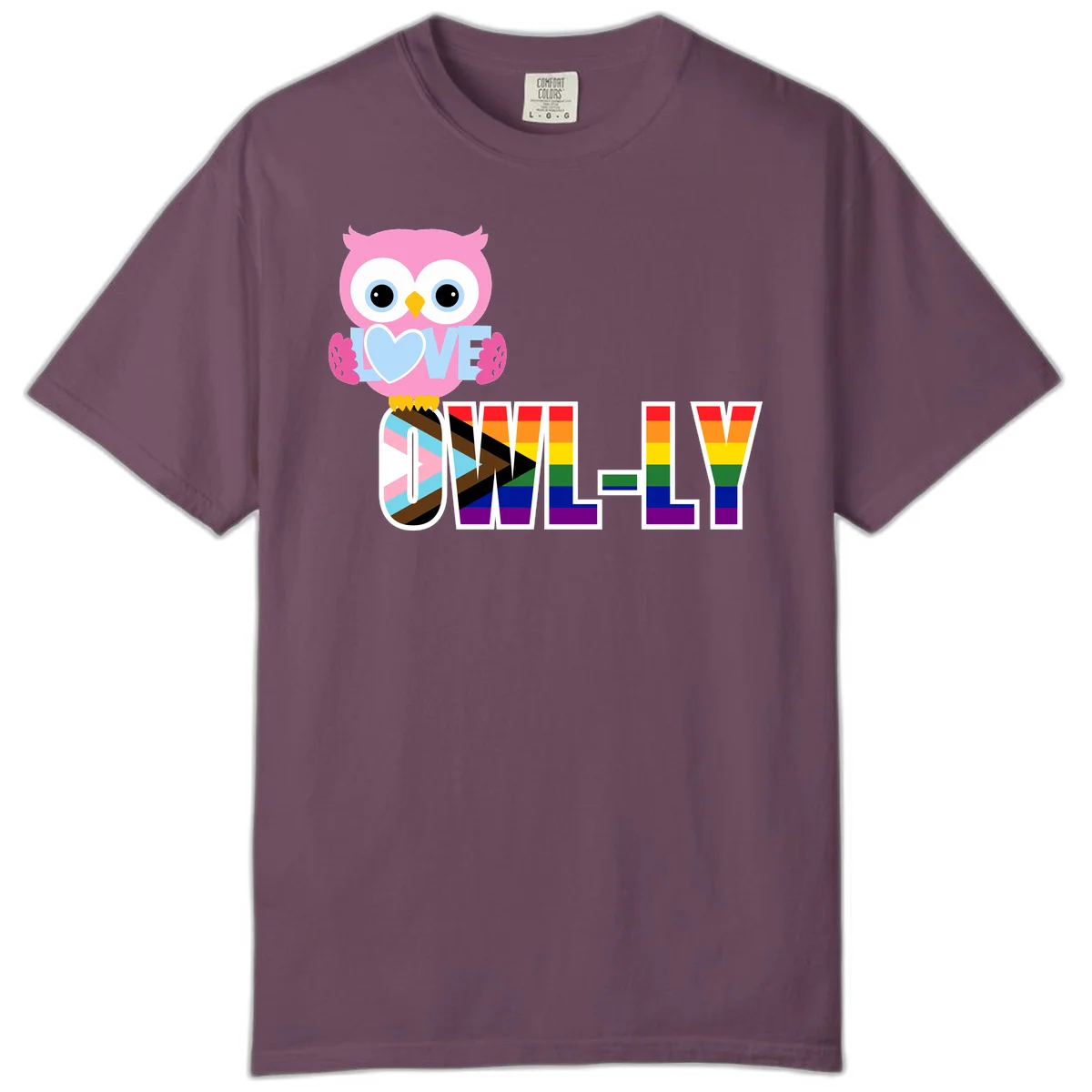 Pink owl holding a blue heart with 'OWELLY' text in rainbow pride flag colors in Berry