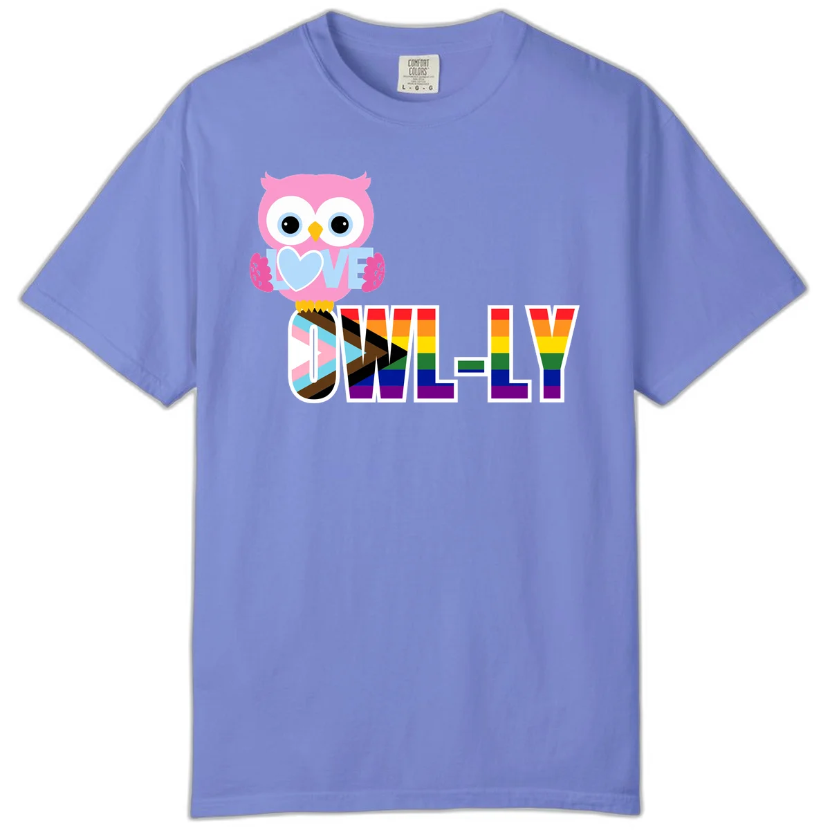 Pink owl holding a blue heart with 'OWELLY' text in rainbow pride flag colors in Flo Blue