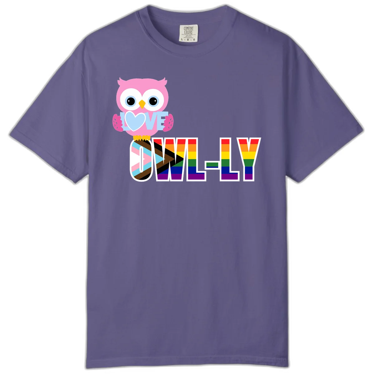 Pink owl holding a blue heart with 'OWELLY' text in rainbow pride flag colors in Grape