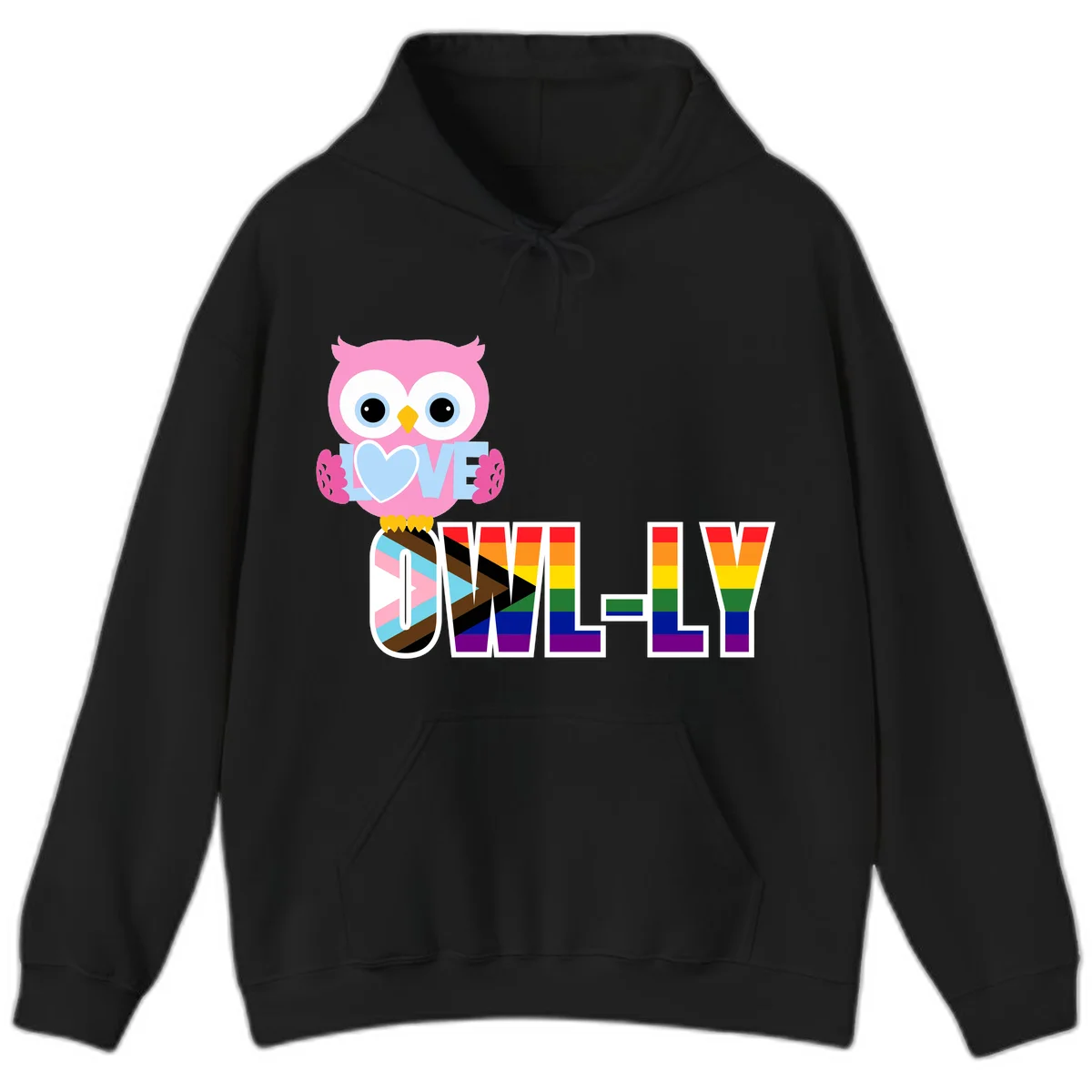Pink owl holding a blue heart with 'OWELLY' text in rainbow pride flag colors in Black