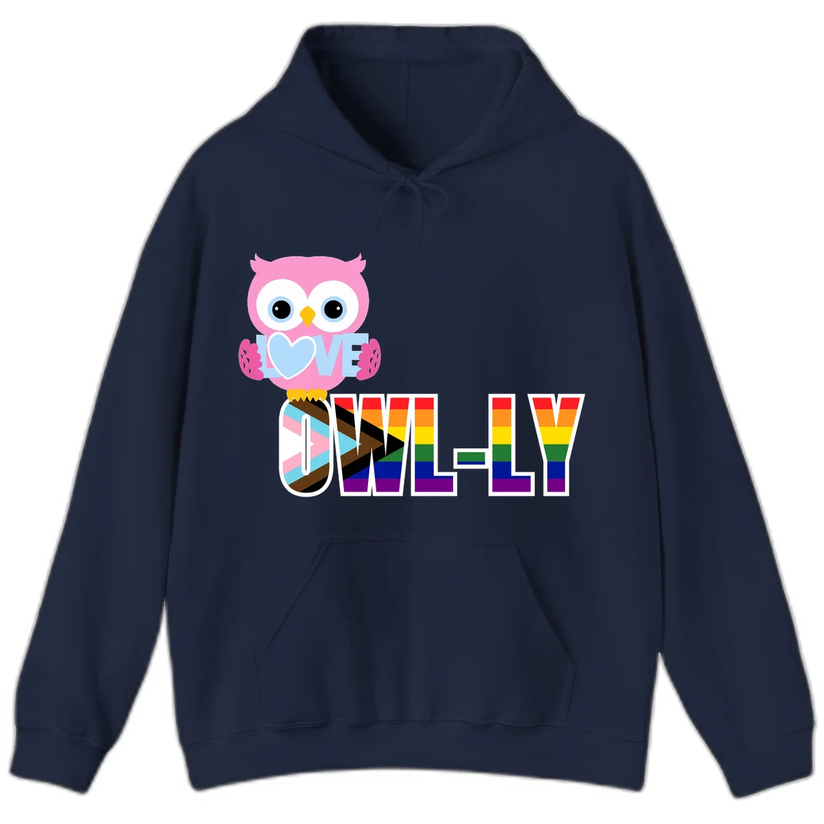Pink owl holding a blue heart with 'OWELLY' text in rainbow pride flag colors in Navy