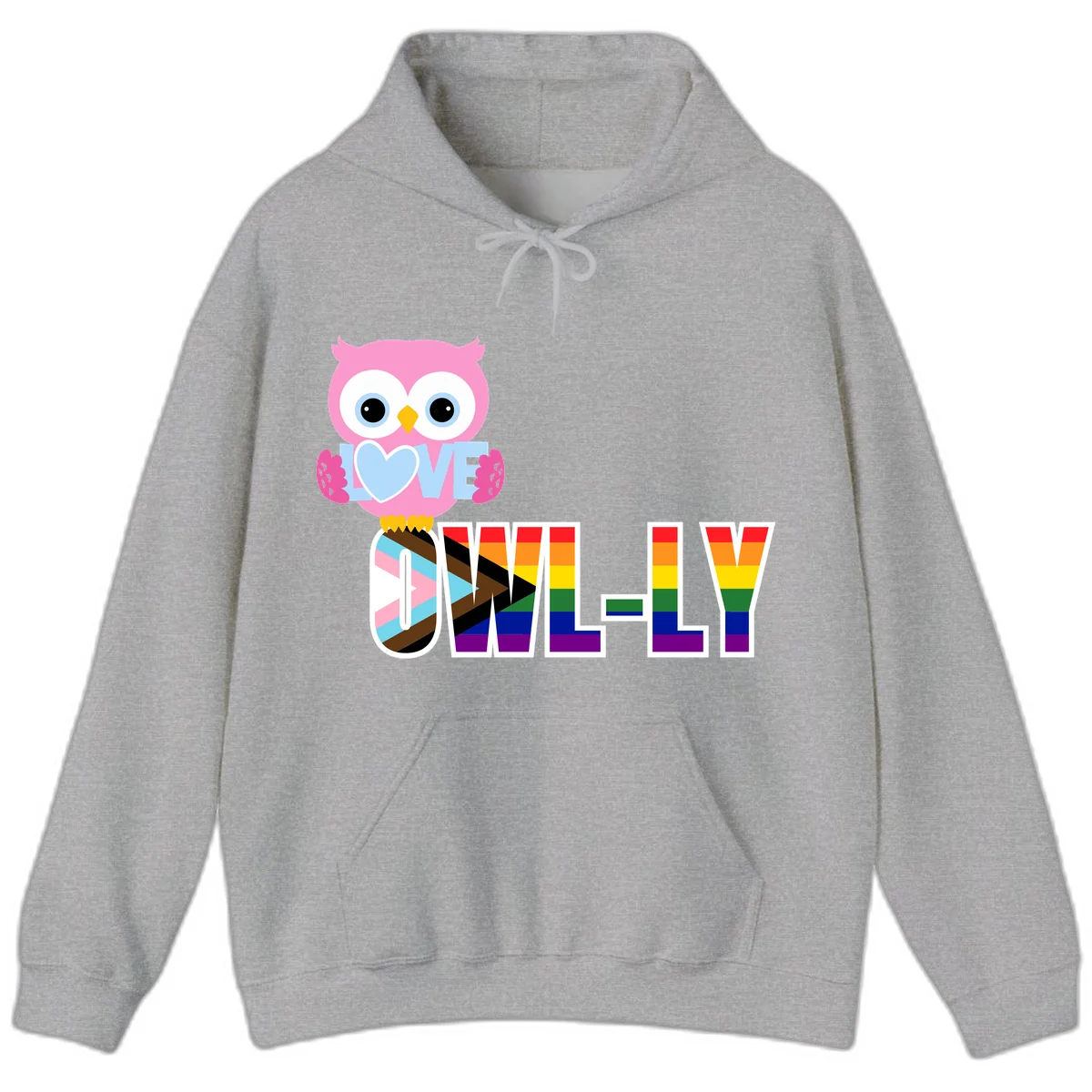 Pink owl holding a blue heart with 'OWELLY' text in rainbow pride flag colors in Sport Grey