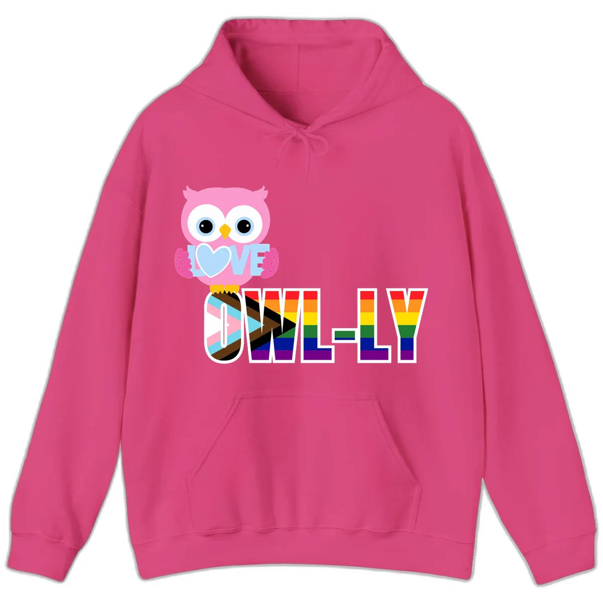 Pink owl holding a blue heart with 'OWELLY' text in rainbow pride flag colors in Heliconia