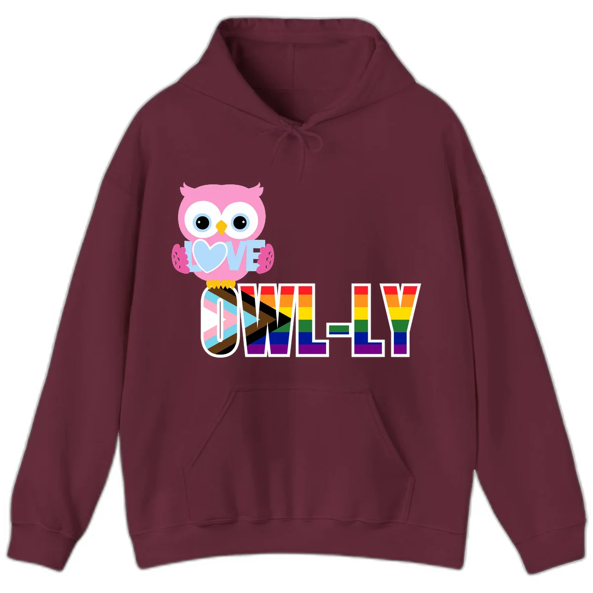 Pink owl holding a blue heart with 'OWELLY' text in rainbow pride flag colors in Maroon