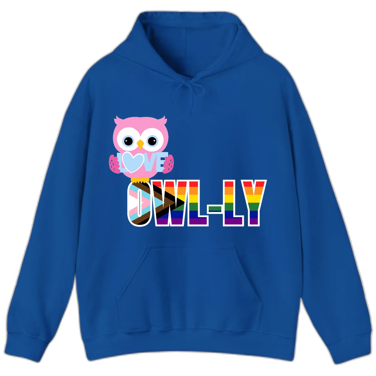 Pink owl holding a blue heart with 'OWELLY' text in rainbow pride flag colors in Royal
