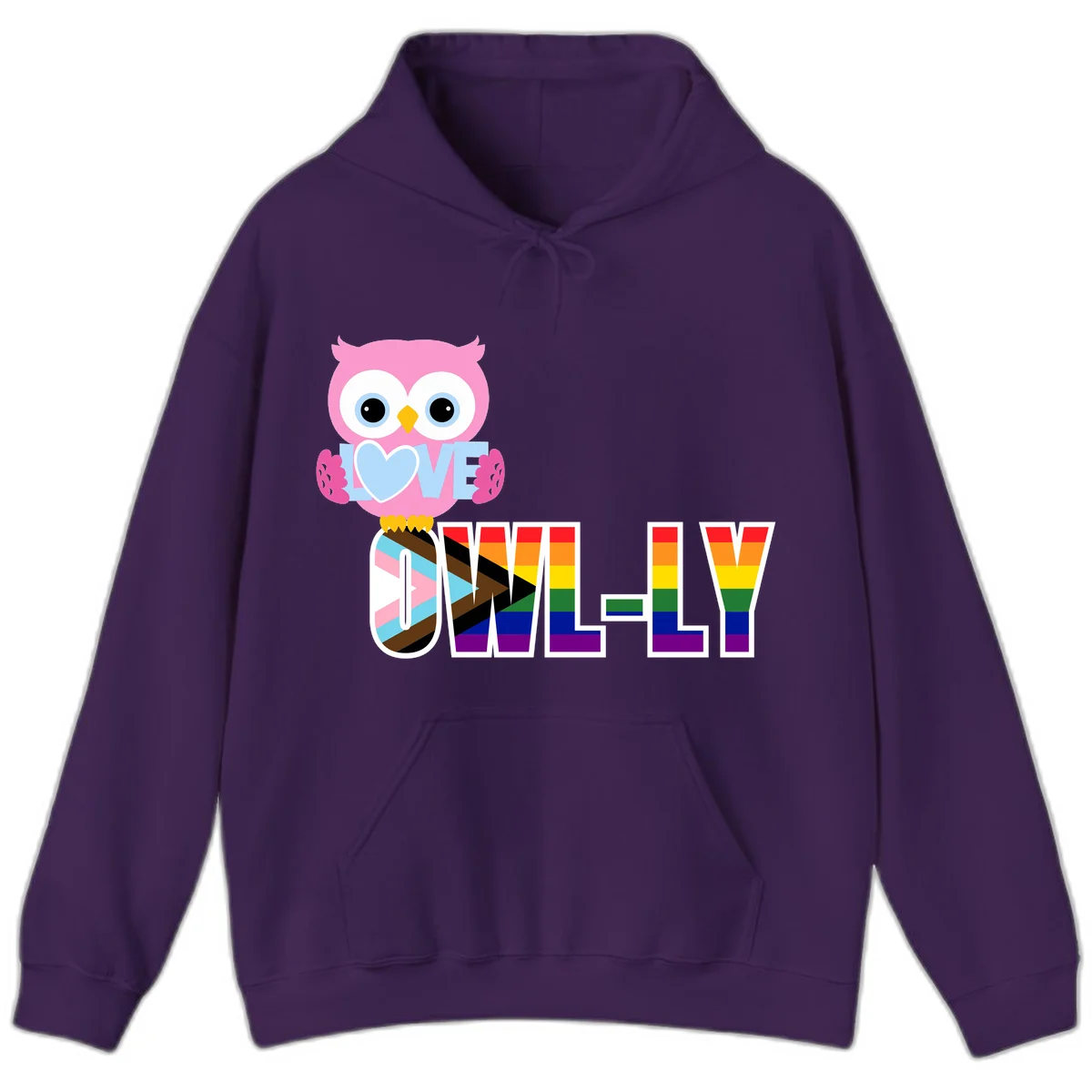 Pink owl holding a blue heart with 'OWELLY' text in rainbow pride flag colors in Purple