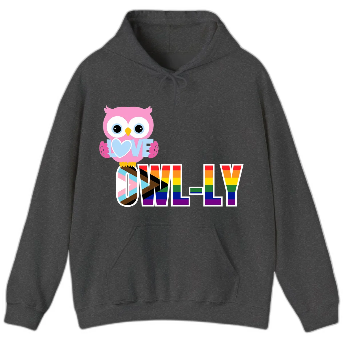 Pink owl holding a blue heart with 'OWELLY' text in rainbow pride flag colors in Dark Heather