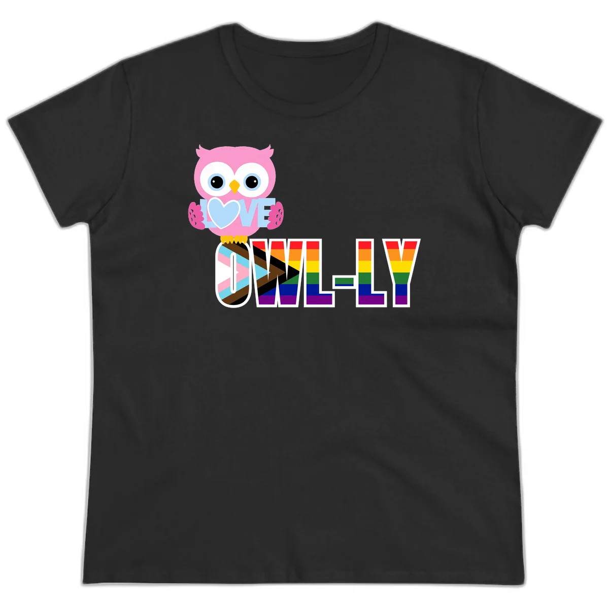 Pink owl holding a blue heart with 'OWELLY' text in rainbow pride flag colors in Black