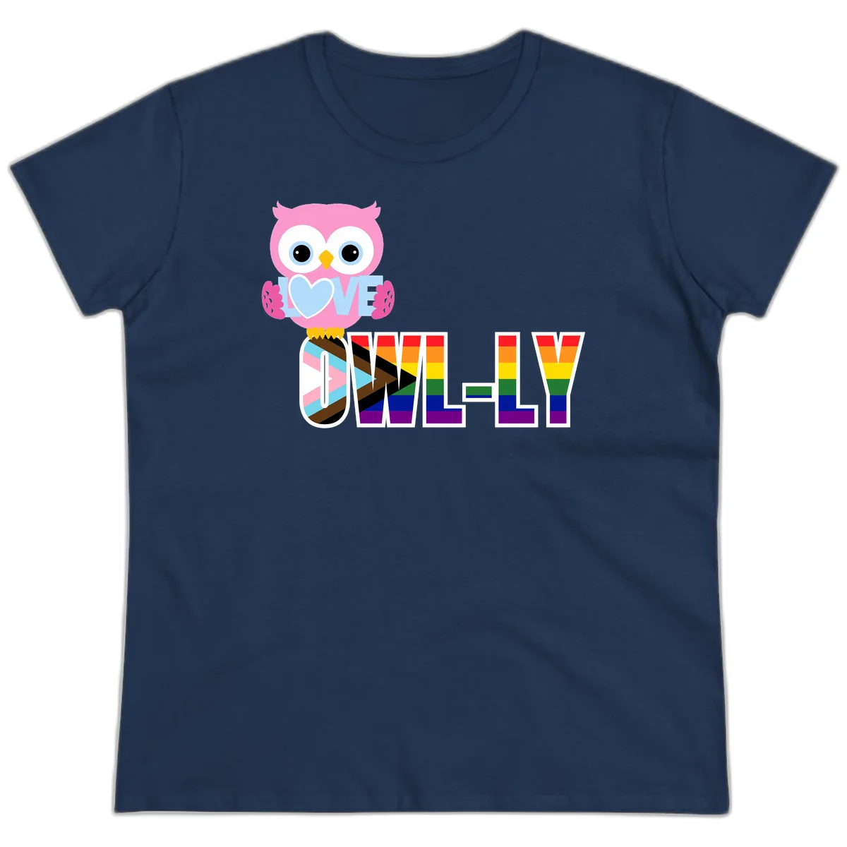 Pink owl holding a blue heart with 'OWELLY' text in rainbow pride flag colors in Navy