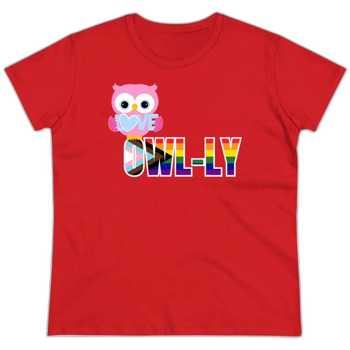 Pink owl holding a blue heart with 'OWELLY' text in rainbow pride flag colors in Red