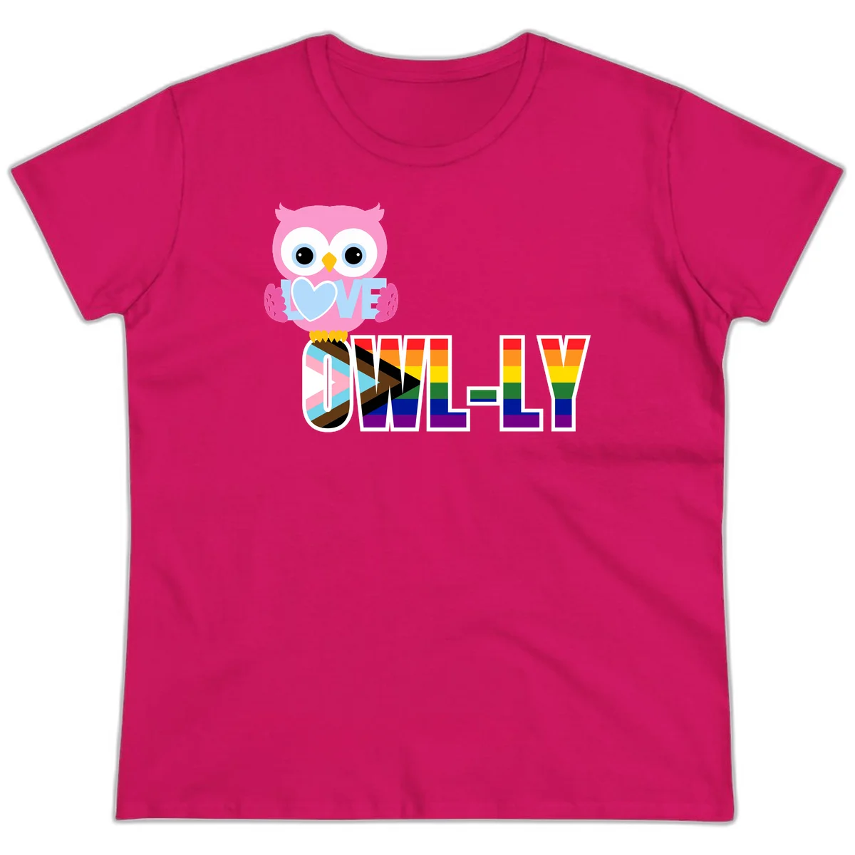 Pink owl holding a blue heart with 'OWELLY' text in rainbow pride flag colors in Heliconia