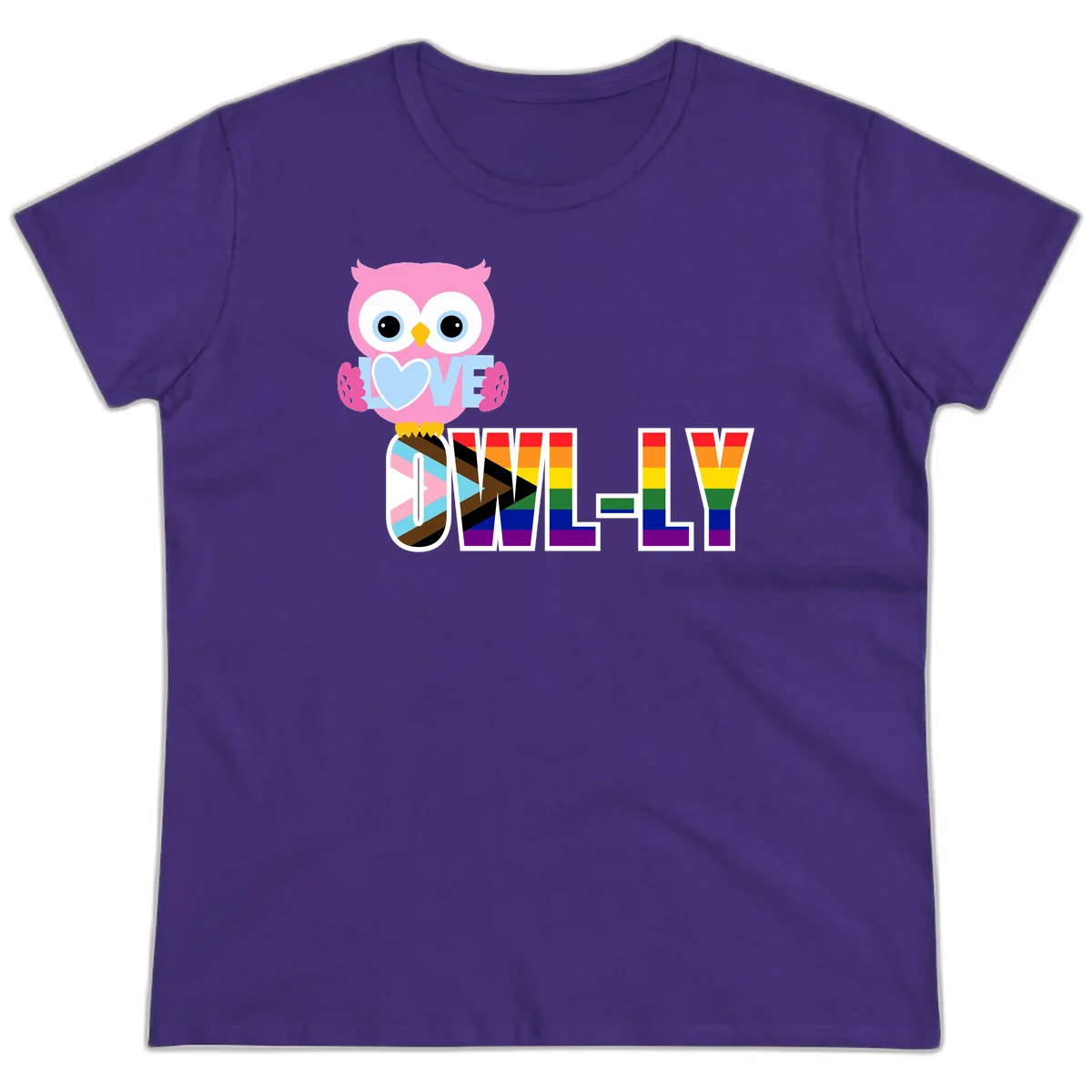 Pink owl holding a blue heart with 'OWELLY' text in rainbow pride flag colors in Purple