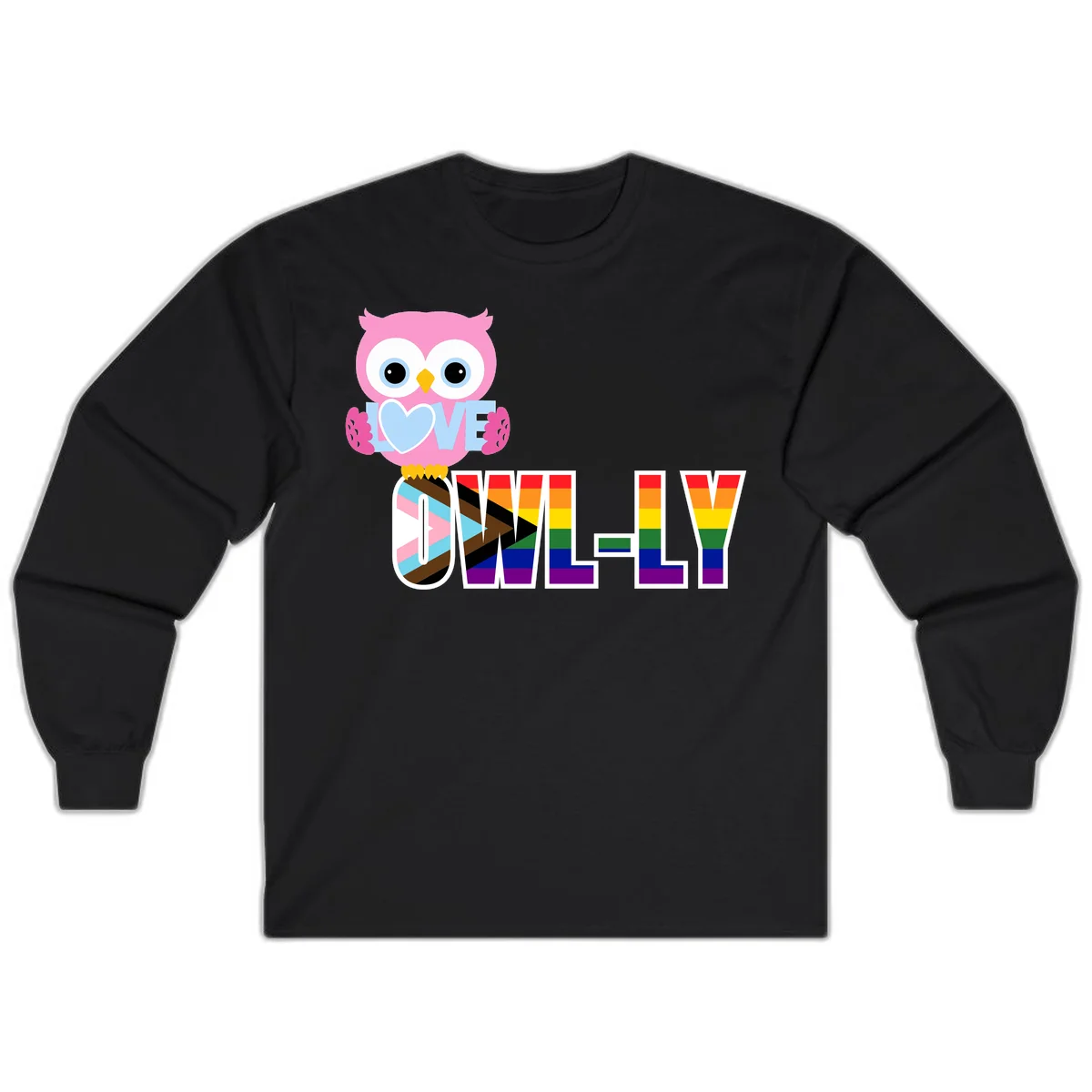 Pink owl holding a blue heart with 'OWELLY' text in rainbow pride flag colors in Black