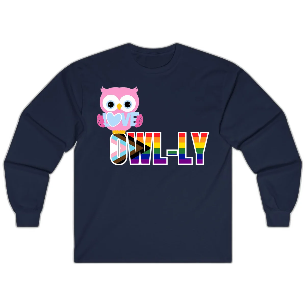 Pink owl holding a blue heart with 'OWELLY' text in rainbow pride flag colors in Navy