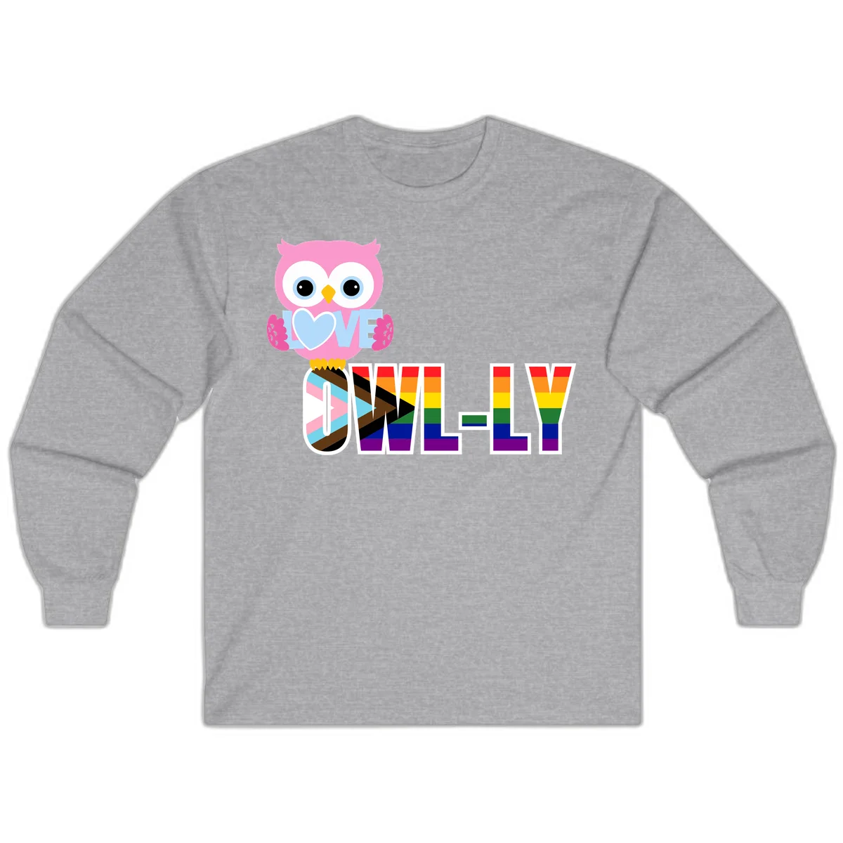 Pink owl holding a blue heart with 'OWELLY' text in rainbow pride flag colors in Sport Grey