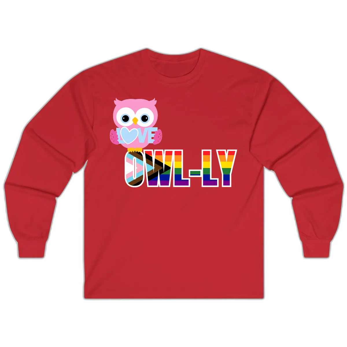 Pink owl holding a blue heart with 'OWELLY' text in rainbow pride flag colors in Red