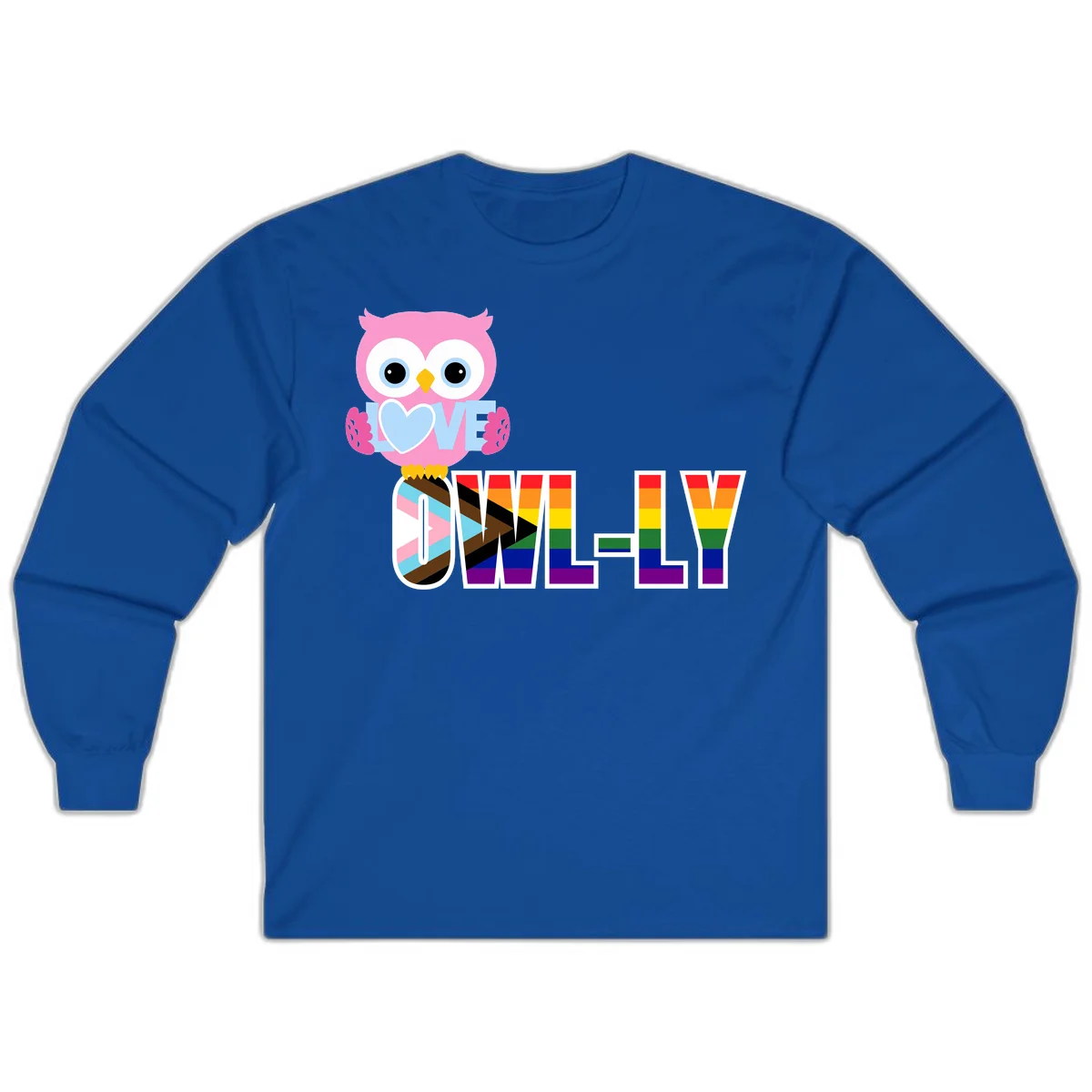 Pink owl holding a blue heart with 'OWELLY' text in rainbow pride flag colors in Royal