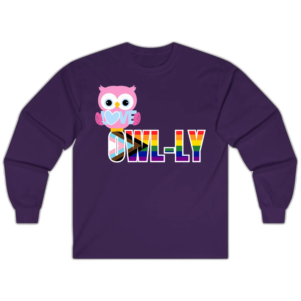 Pink owl holding a blue heart with 'OWELLY' text in rainbow pride flag colors in Purple