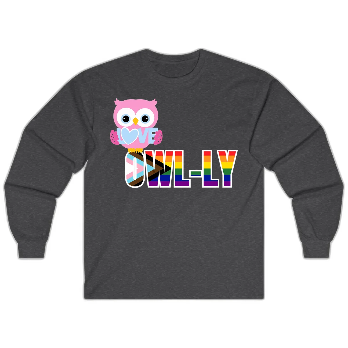 Pink owl holding a blue heart with 'OWELLY' text in rainbow pride flag colors in Dark Heather
