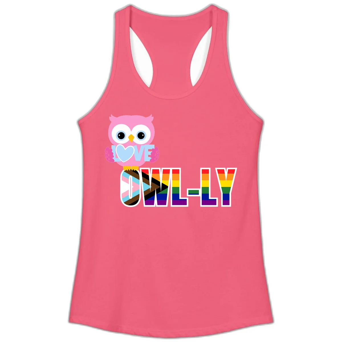 Pink owl holding a blue heart with 'OWELLY' text in rainbow pride flag colors in Hot Pink