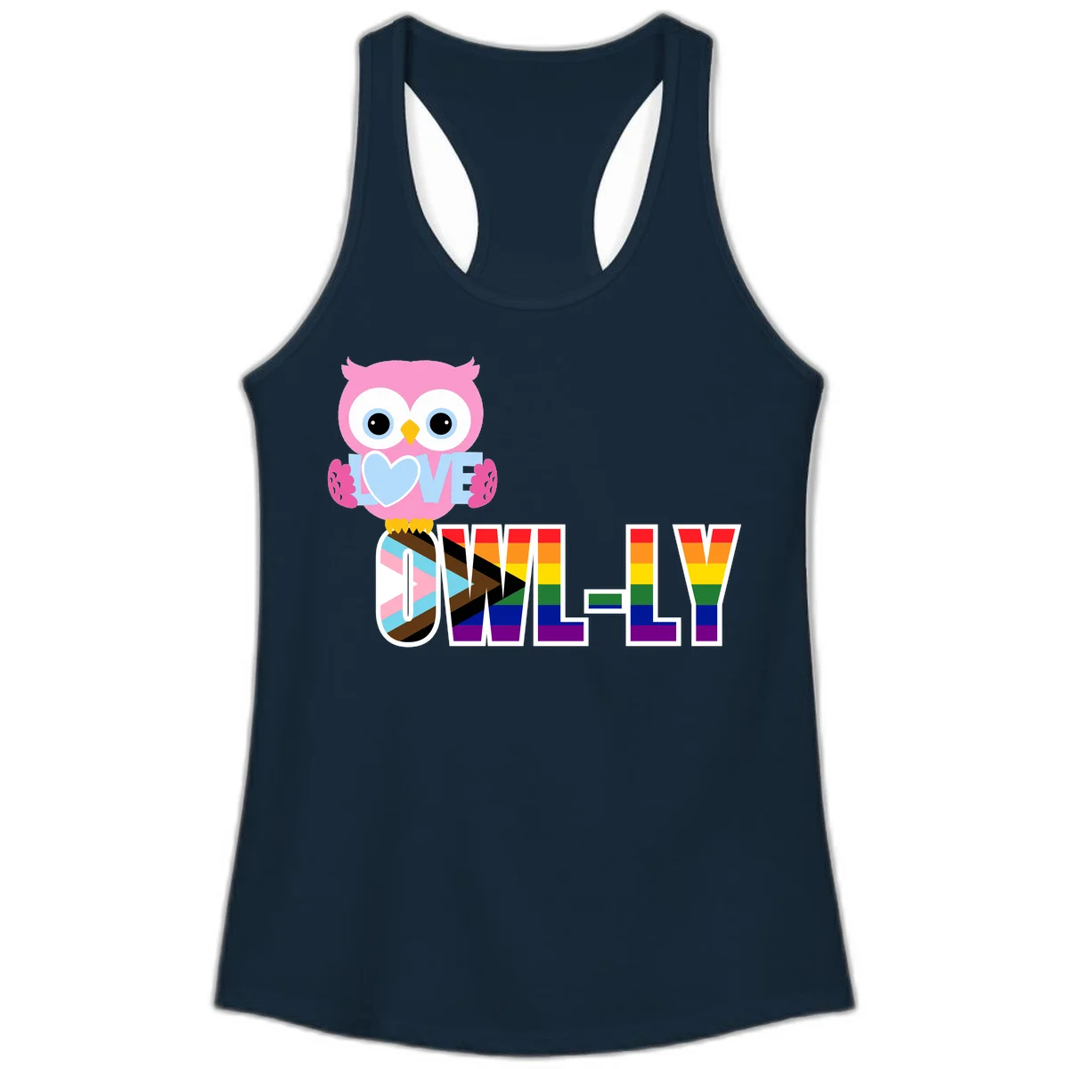 Pink owl holding a blue heart with 'OWELLY' text in rainbow pride flag colors in Solid Midnight Navy