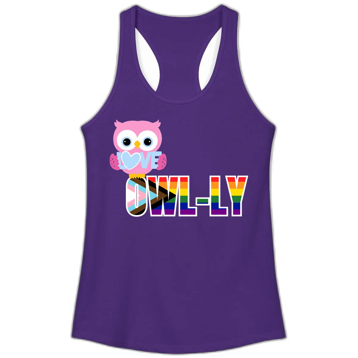Pink owl holding a blue heart with 'OWELLY' text in rainbow pride flag colors in Solid Purple Rush