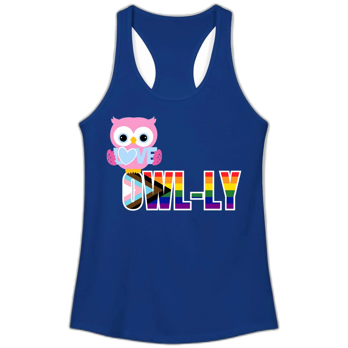 Pink owl holding a blue heart with 'OWELLY' text in rainbow pride flag colors in Solid Royal