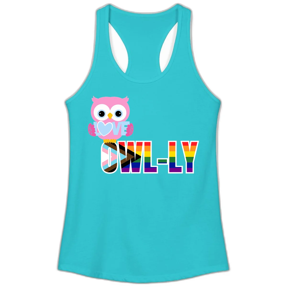 Pink owl holding a blue heart with 'OWELLY' text in rainbow pride flag colors in Solid Tahiti Blue