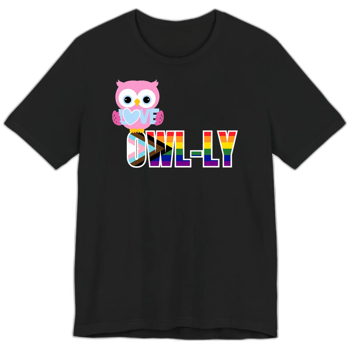 Pink owl holding a blue heart with 'OWELLY' text in rainbow pride flag colors in Black