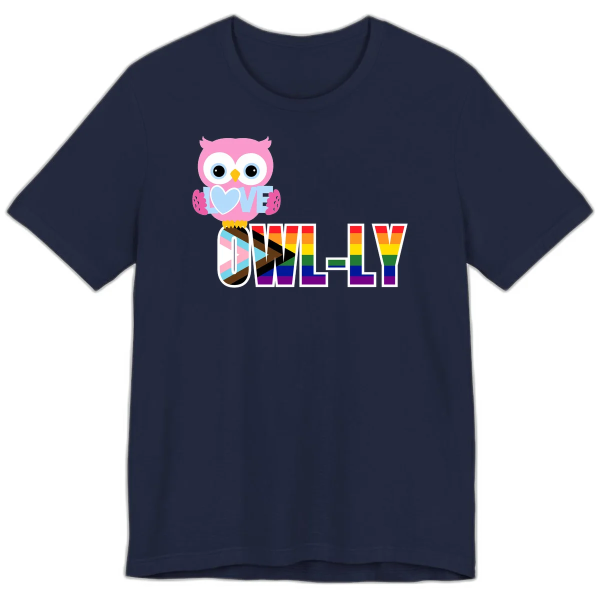 Pink owl holding a blue heart with 'OWELLY' text in rainbow pride flag colors in Navy