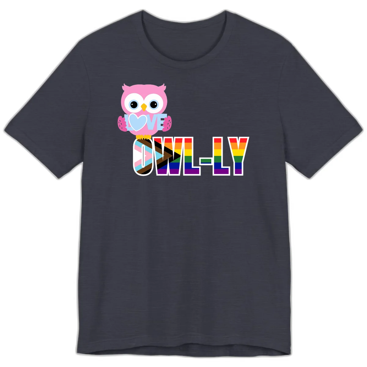 Pink owl holding a blue heart with 'OWELLY' text in rainbow pride flag colors in Heather Midnight Navy