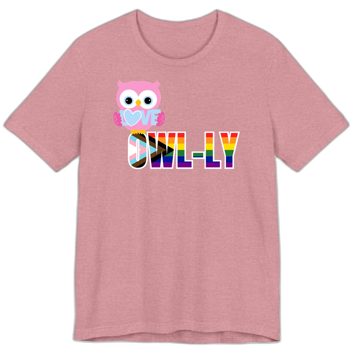 Pink owl holding a blue heart with 'OWELLY' text in rainbow pride flag colors in Heather Orchid