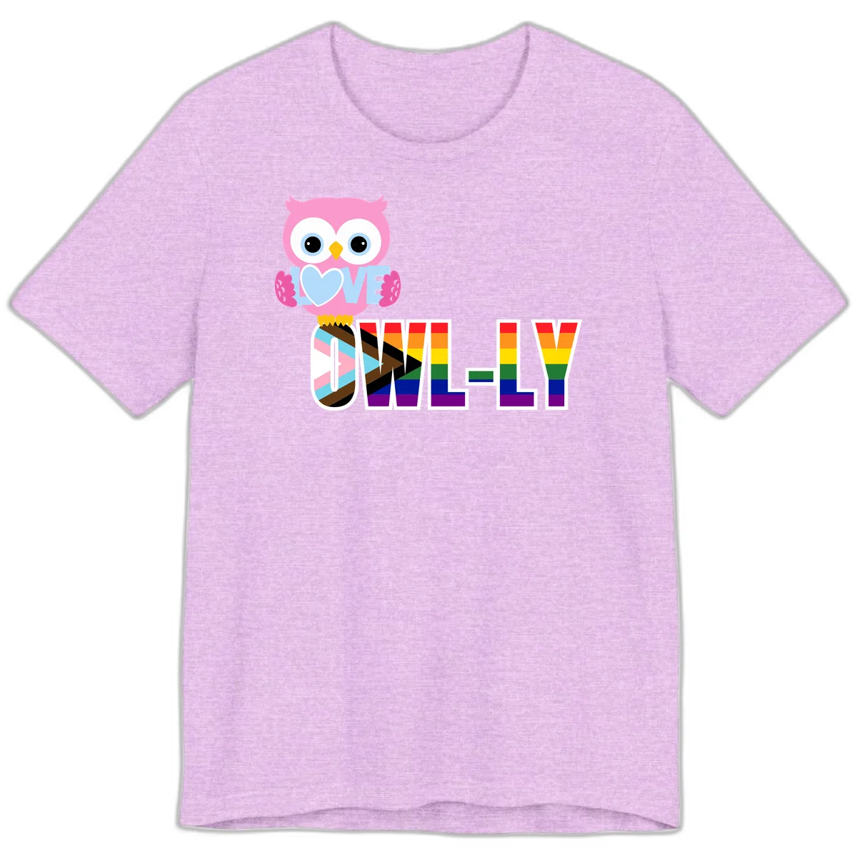 Pink owl holding a blue heart with 'OWELLY' text in rainbow pride flag colors in Heather Prism Lilac