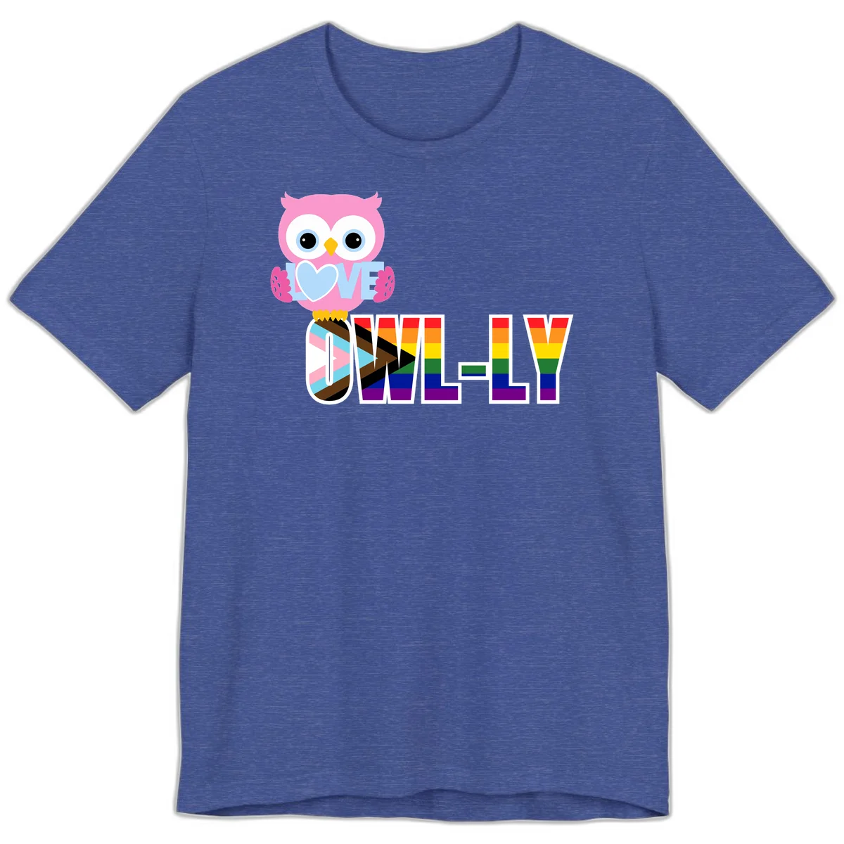 Pink owl holding a blue heart with 'OWELLY' text in rainbow pride flag colors in Heather True Royal