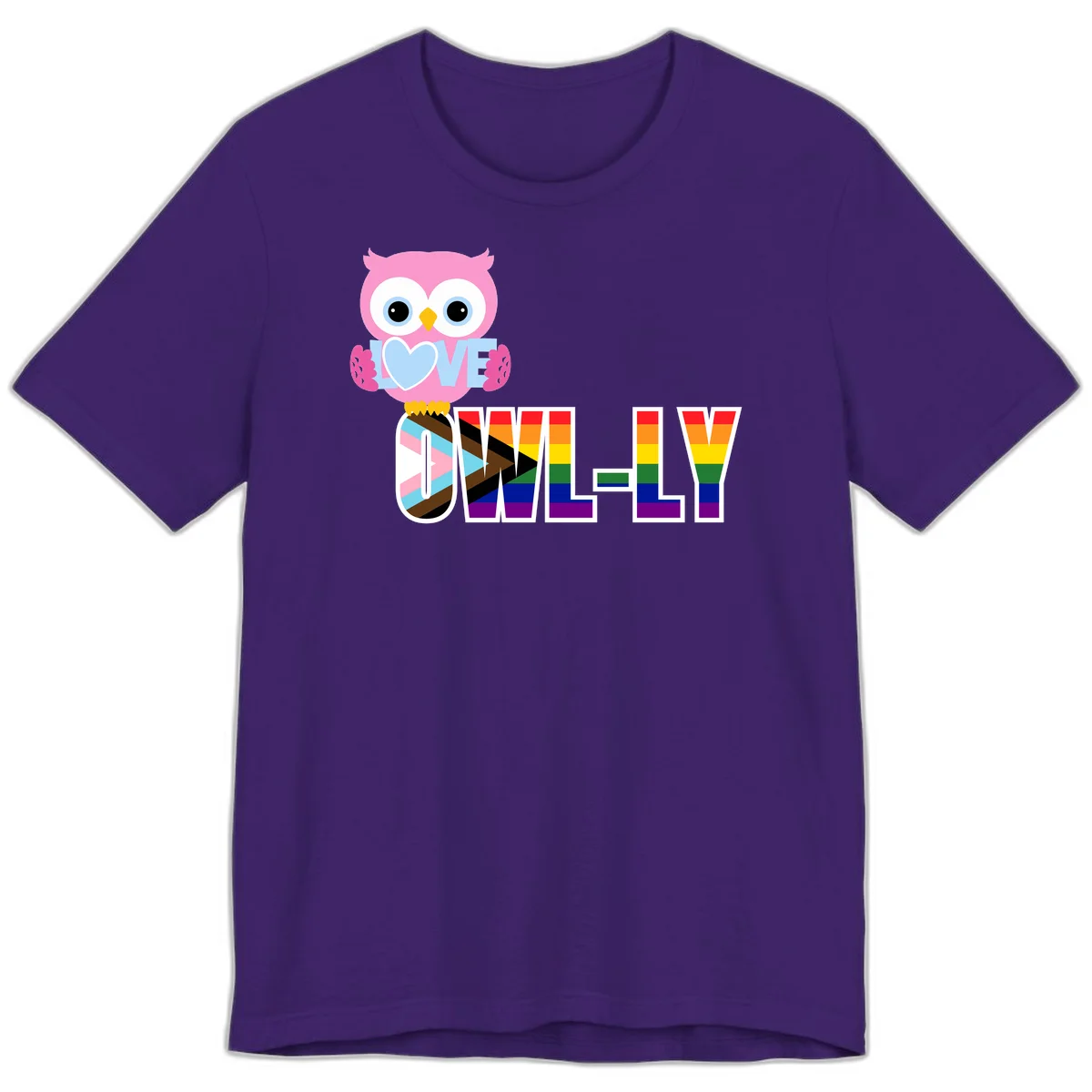 Pink owl holding a blue heart with 'OWELLY' text in rainbow pride flag colors in Team Purple