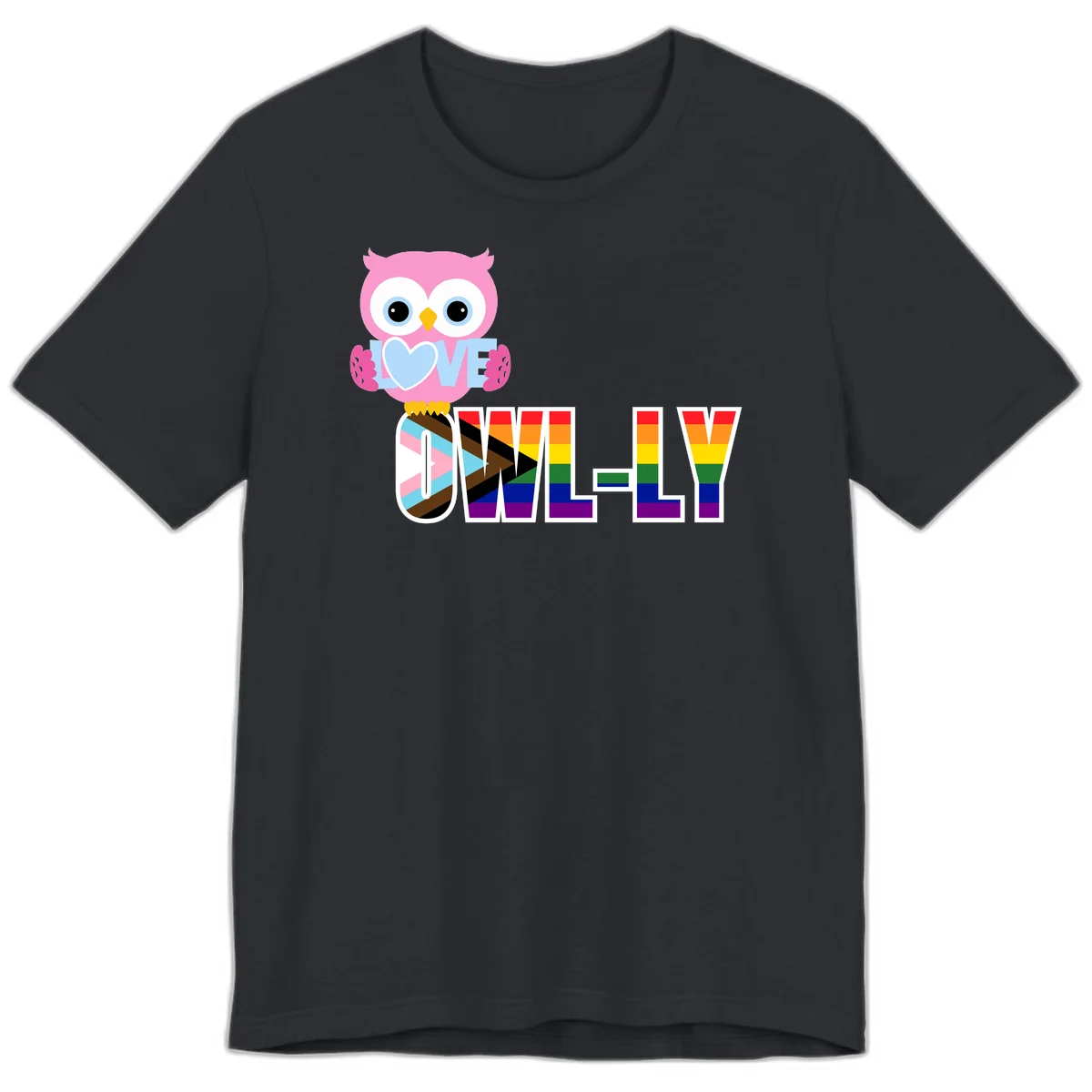 Pink owl holding a blue heart with 'OWELLY' text in rainbow pride flag colors in Vintage Black