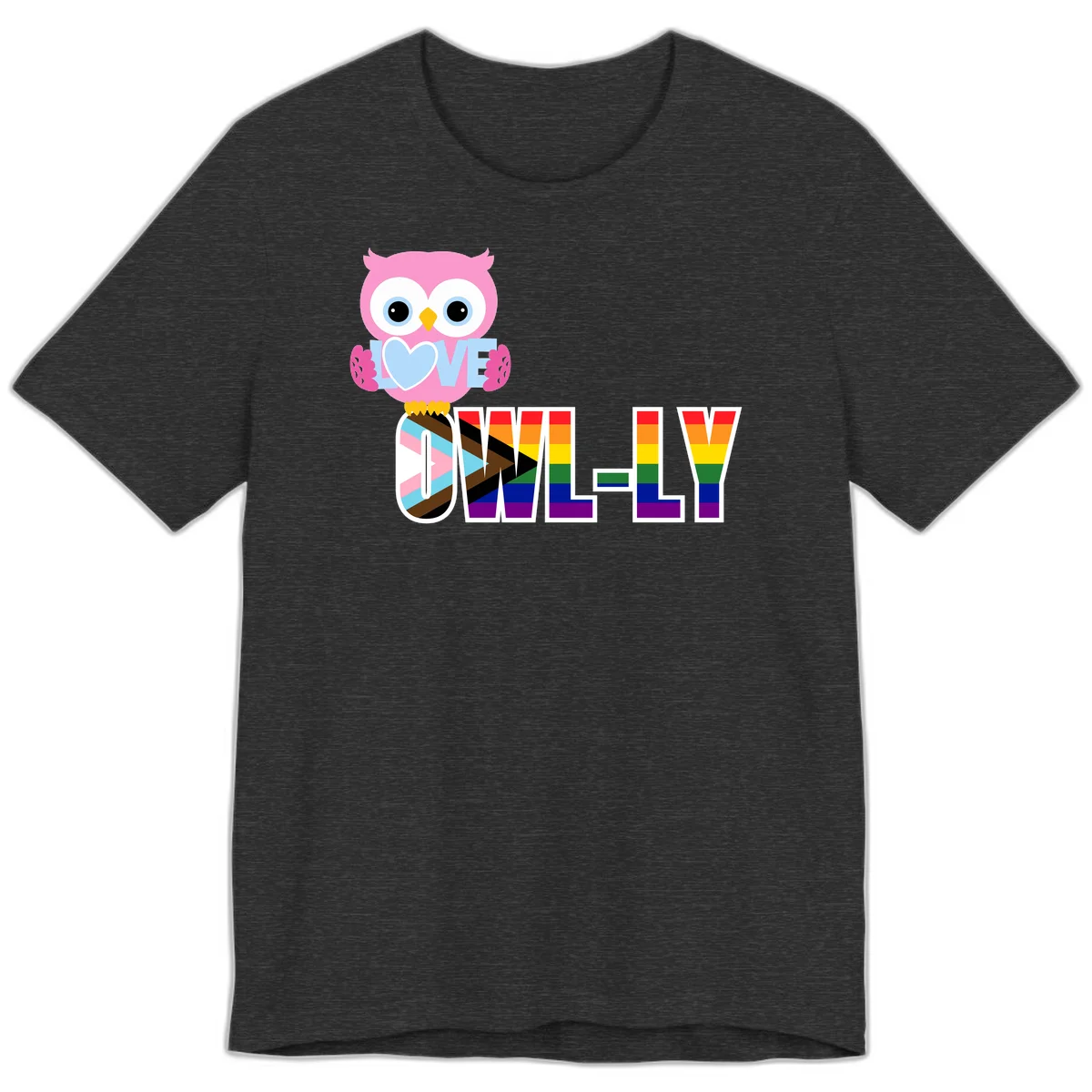 Pink owl holding a blue heart with 'OWELLY' text in rainbow pride flag colors in Dark Grey Heather