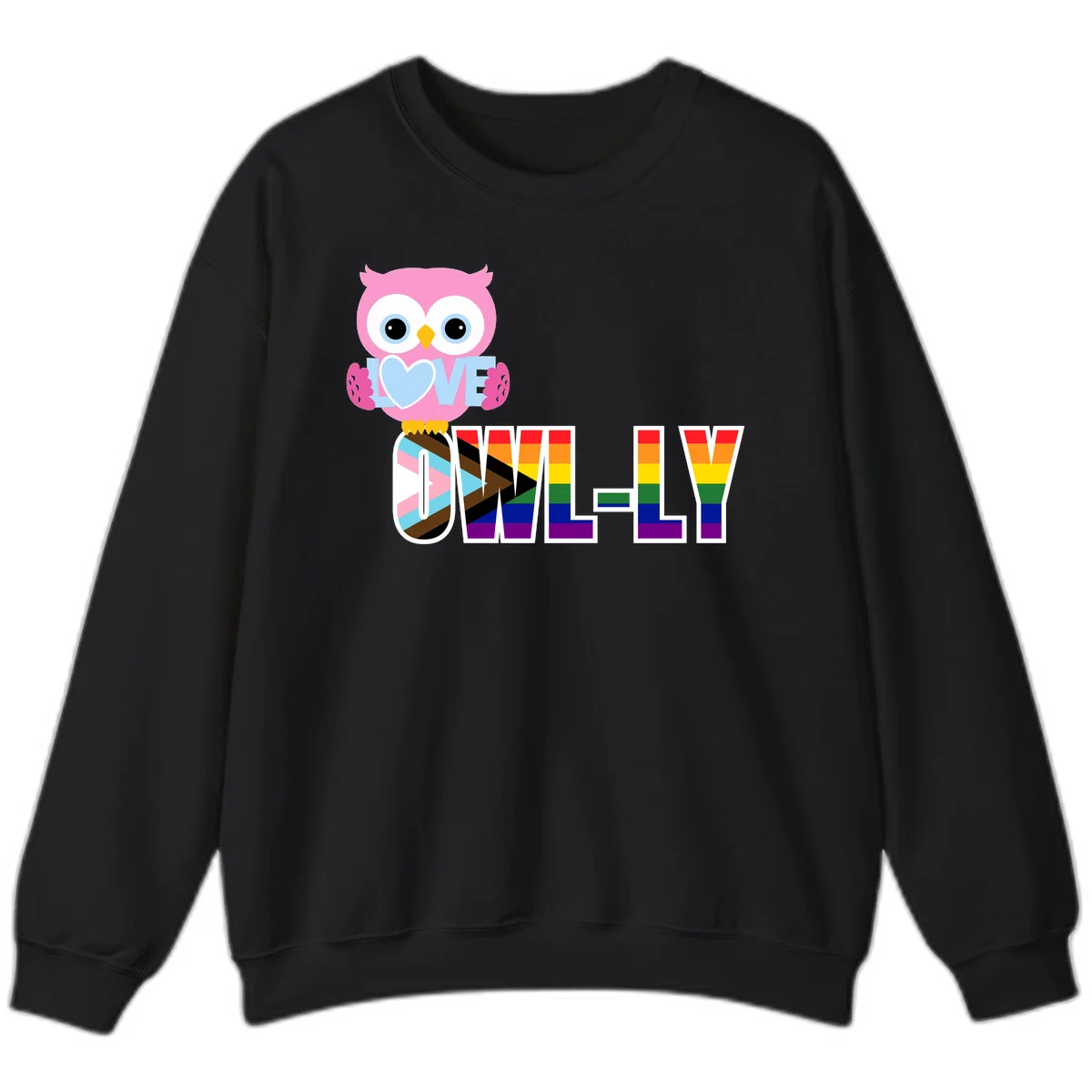 Pink owl holding a blue heart with 'OWELLY' text in rainbow pride flag colors in Black