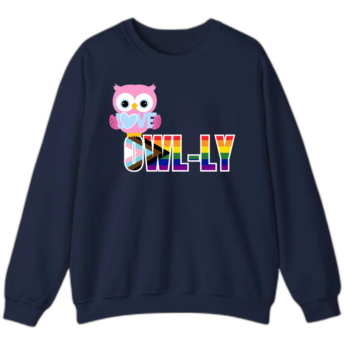 Pink owl holding a blue heart with 'OWELLY' text in rainbow pride flag colors in Navy