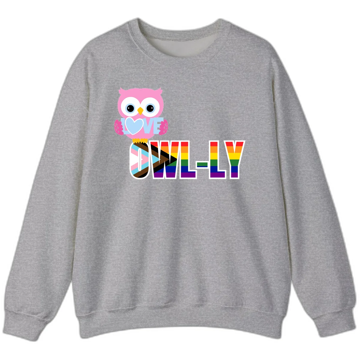 Pink owl holding a blue heart with 'OWELLY' text in rainbow pride flag colors in Sport Grey