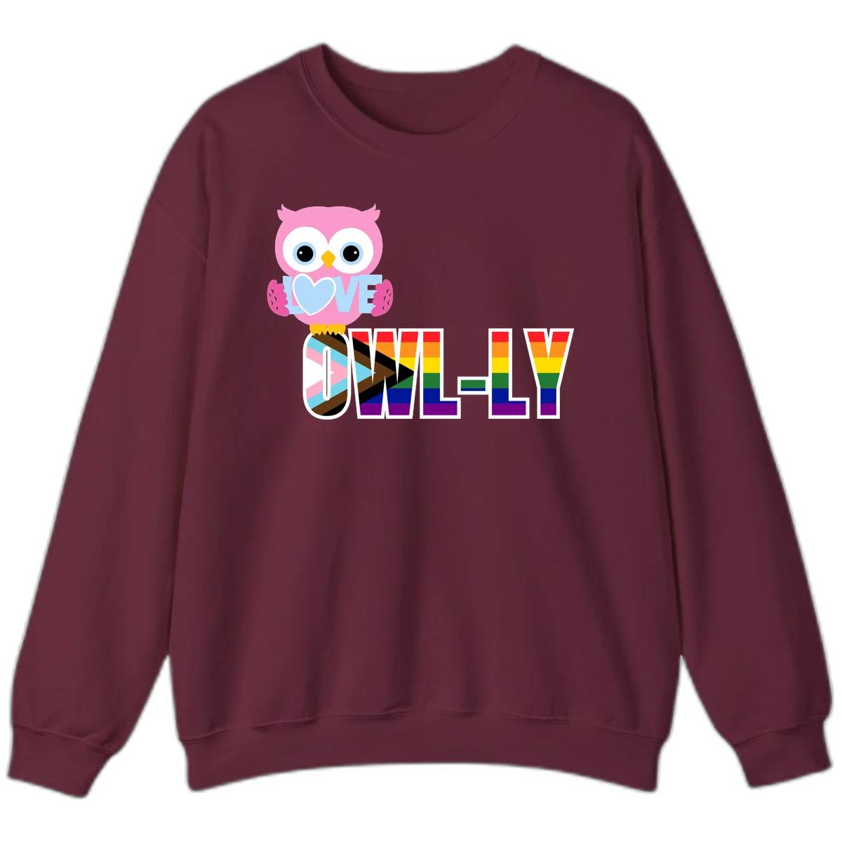 Pink owl holding a blue heart with 'OWELLY' text in rainbow pride flag colors in Maroon