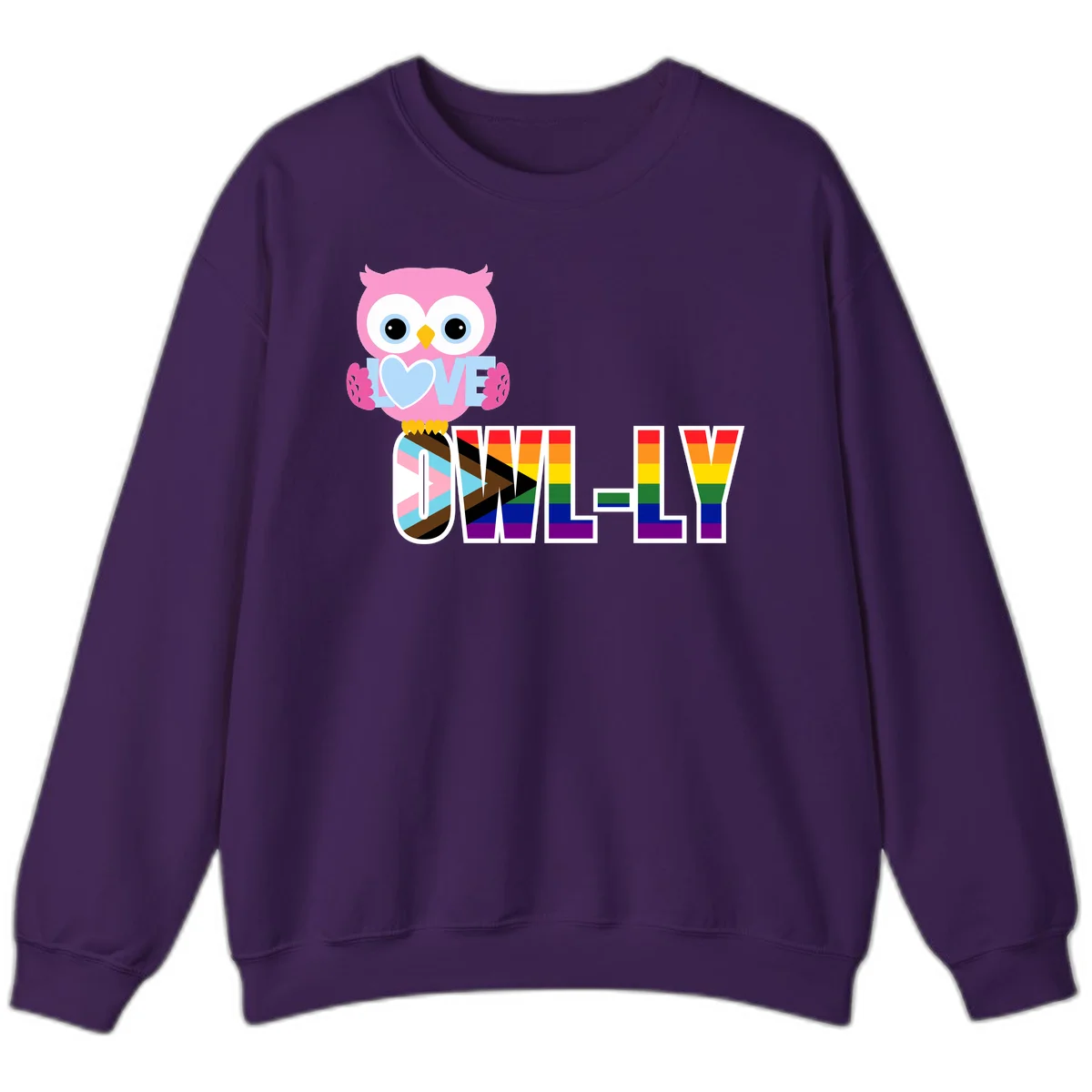 Pink owl holding a blue heart with 'OWELLY' text in rainbow pride flag colors in Purple