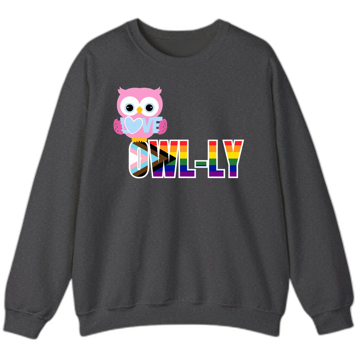 Pink owl holding a blue heart with 'OWELLY' text in rainbow pride flag colors in Dark Heather